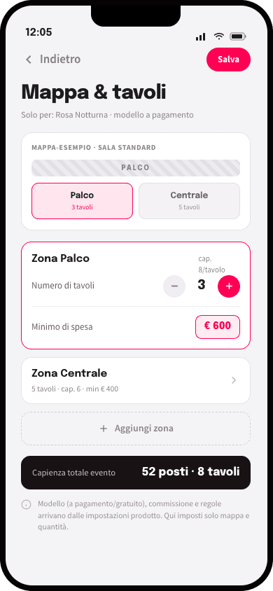 Configurazione tavoli e zone per un evento Clubbing