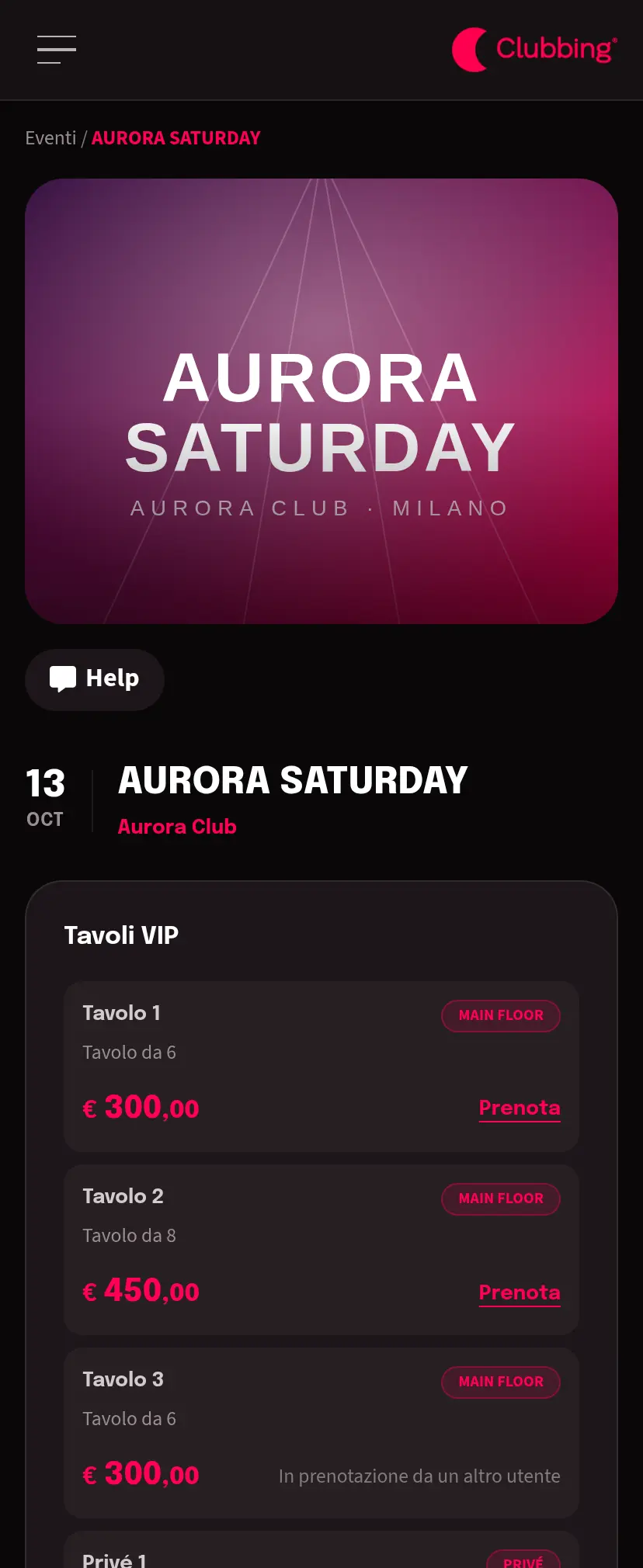 Pagina evento con i Tavoli VIP